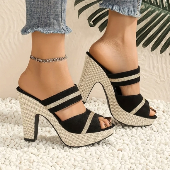 Black with Gold Stripe Platform/Wedge Heels - Picture 1 of 4